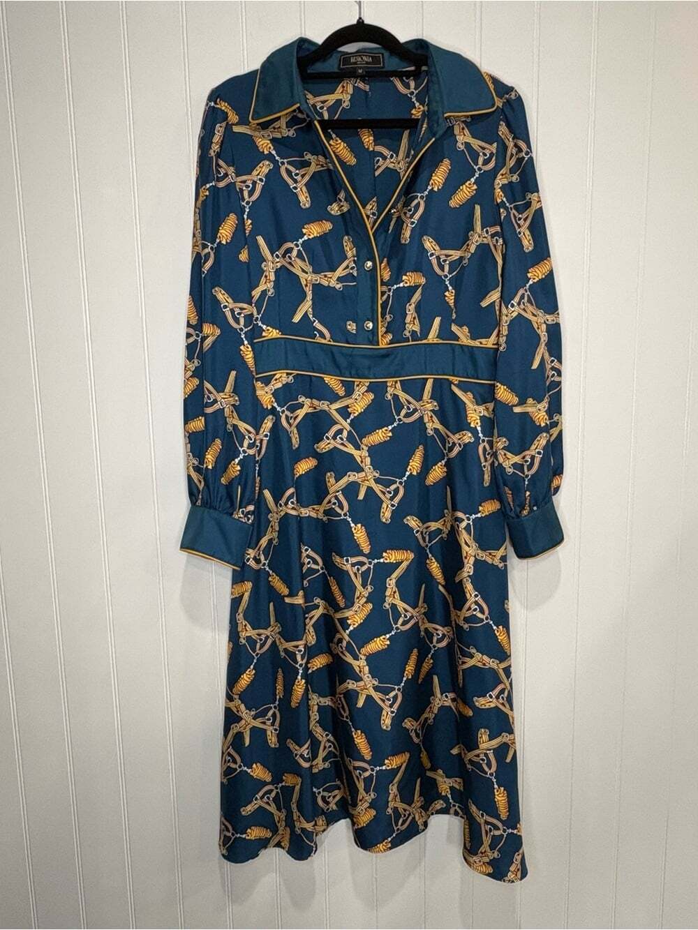 Besionia Milano 100%Mulberry Silk Bridle Print Equestrian Midi Dress Old Money M - Picture 2 of 11